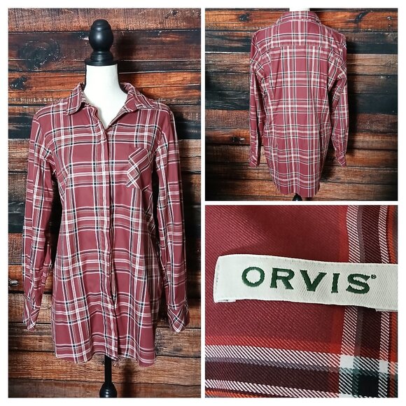 Orvis Top Size 14 Burgundy Plaid Cotton Button Front Shirt - Picture 1 of 9